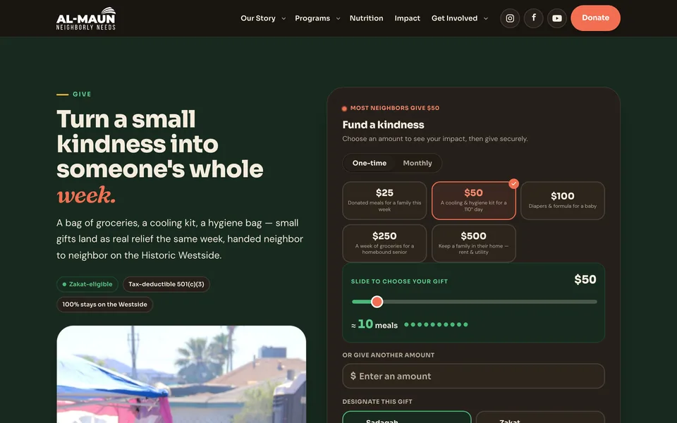 The Al-Maun giving page, with clear ways to donate and an explanation of where the money goes.