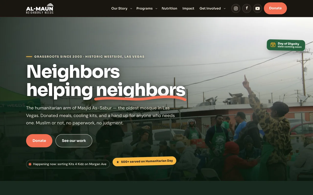 The Al-Maun Neighborly Needs home page: a full-width photograph of volunteers serving on Humanitarian Day, with the headline Neighbors helping neighbors and a Donate button.