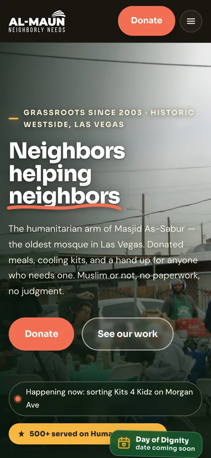The same Al-Maun home page on a phone, with the navigation collapsed and the donate action still in reach.