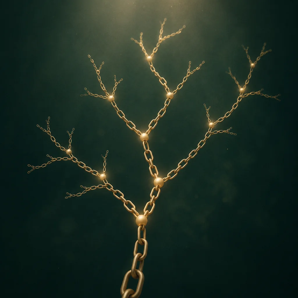 Abstract tile: fine gold lines branching upward through small diamond nodes.