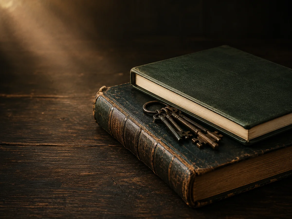 An old leather-bound book on a dark wooden table with a newer notebook resting on top of it and a set of keys beside them, lit by a single shaft of light.
