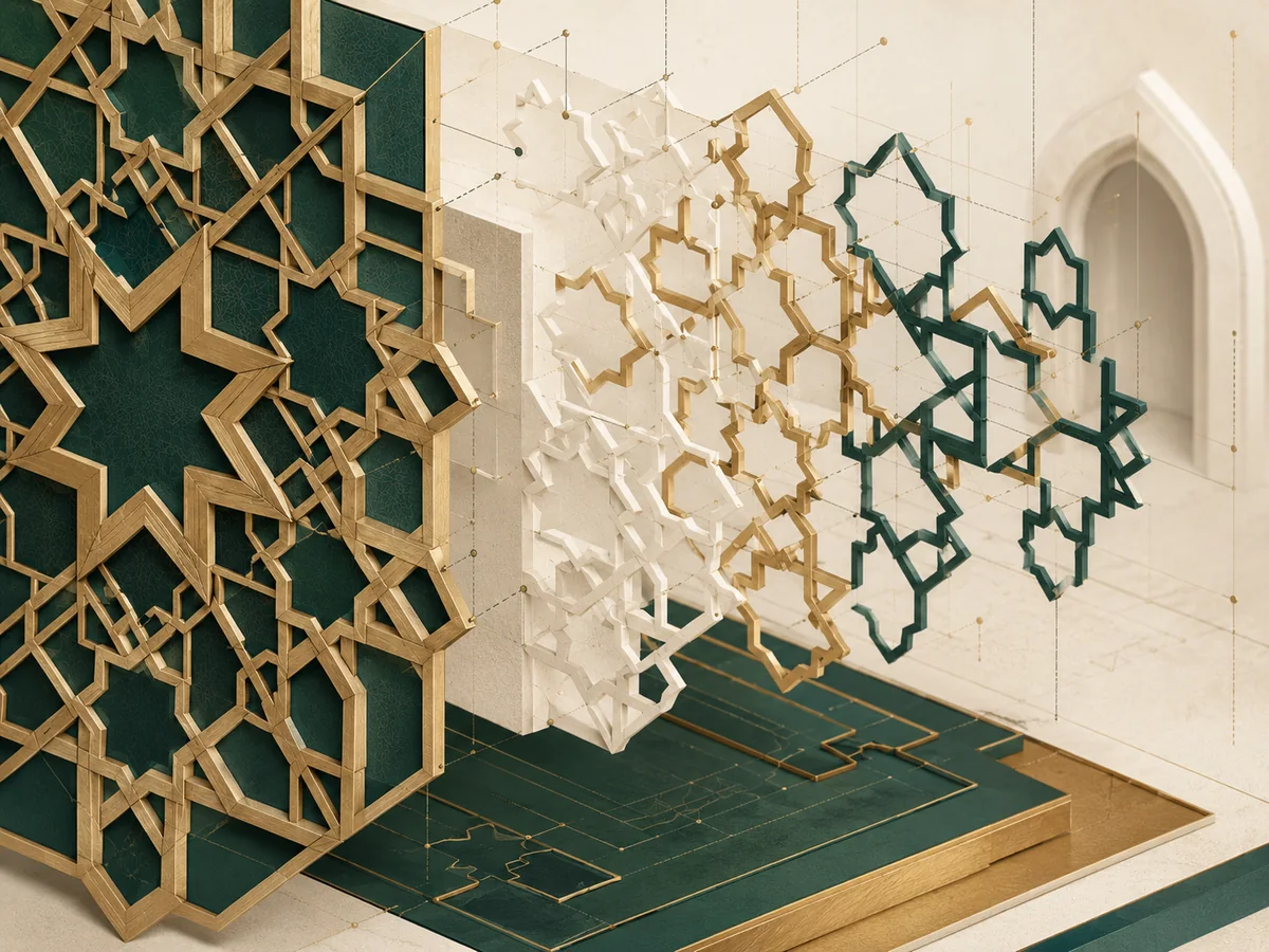 Layered eight-point Islamic lattice panels in gold, ivory and pine green, separated in space like an exploded architectural drawing.