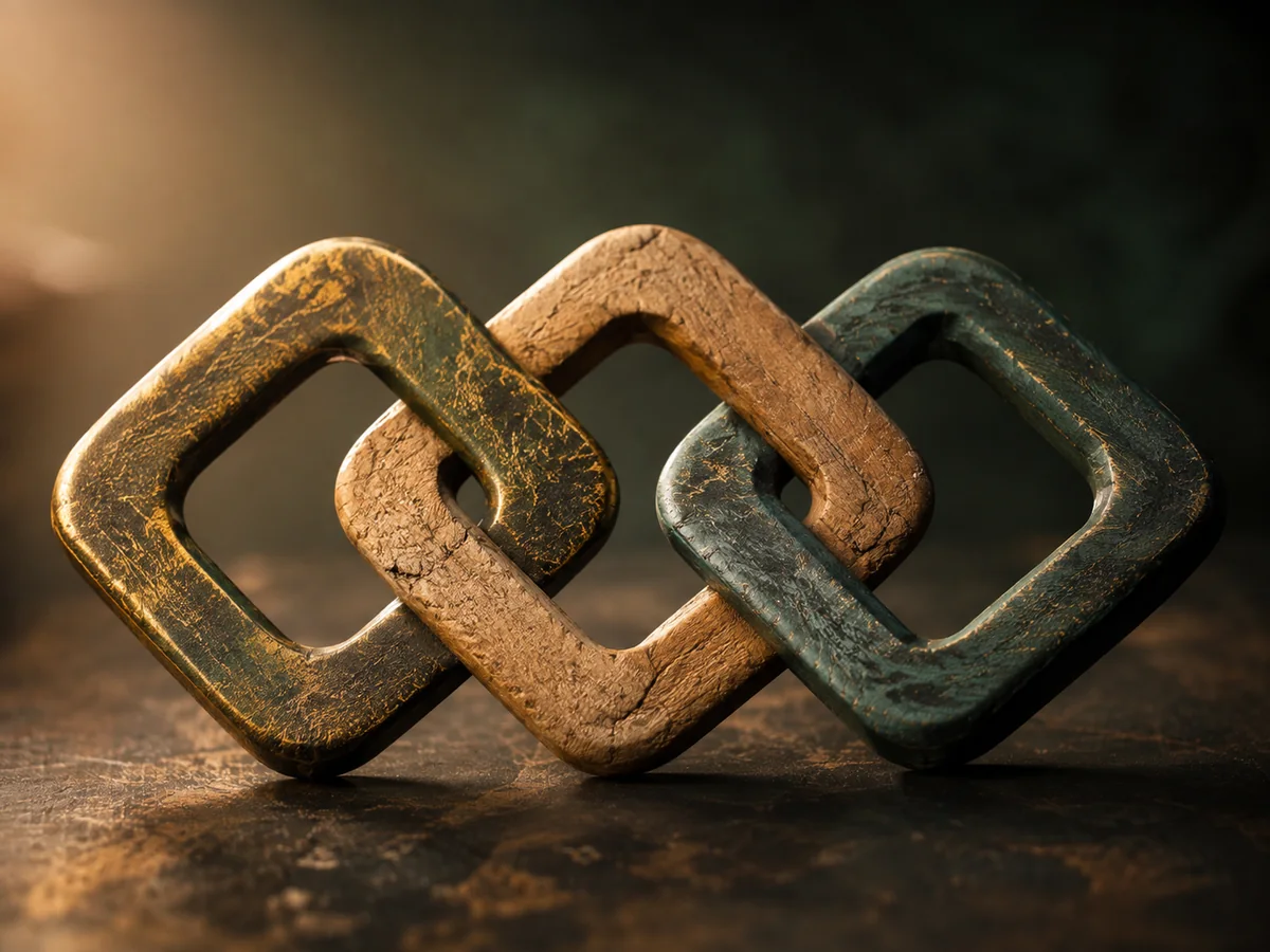 Three interlocking chain links cast in gold and weathered green stone, resting on a dark table in warm light — an heirloom object photographed close.