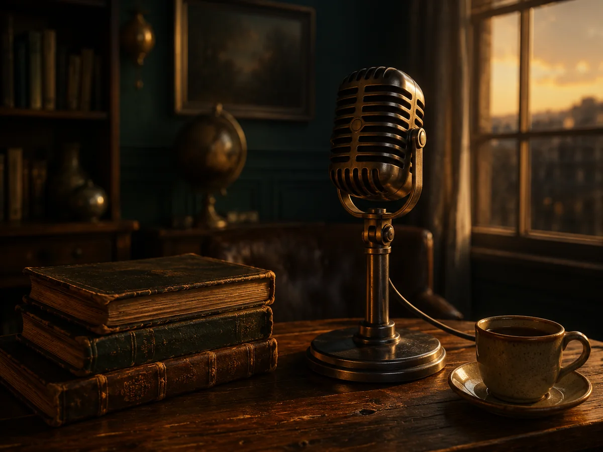 A vintage ribbon microphone on a wooden table beside a stack of worn books and a cup of tea, lit by low evening light through a window.