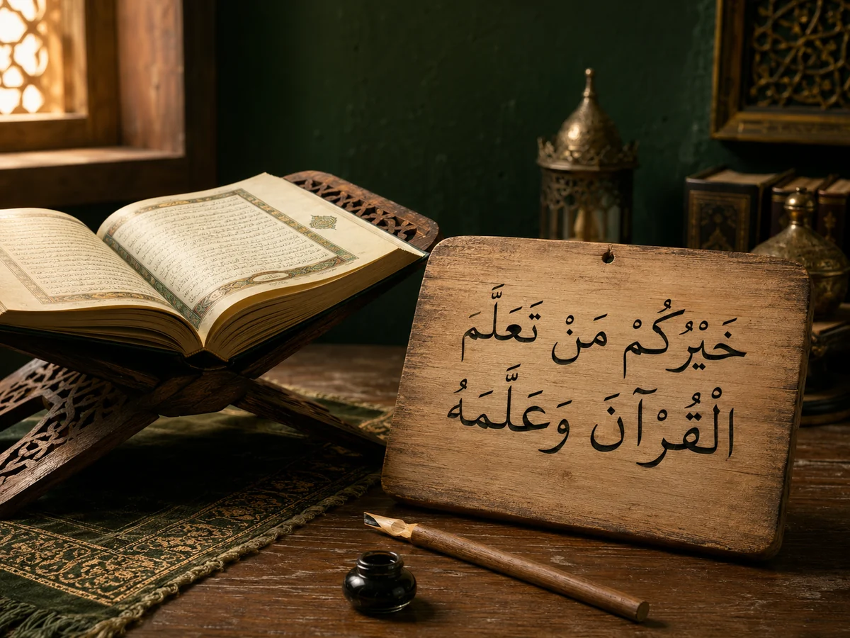 An open Qur'an on a carved wooden rihal beside a worn wooden teaching board hand-lettered in naskh with the hadith: the best of you are those who learn the Qur'an and teach it.