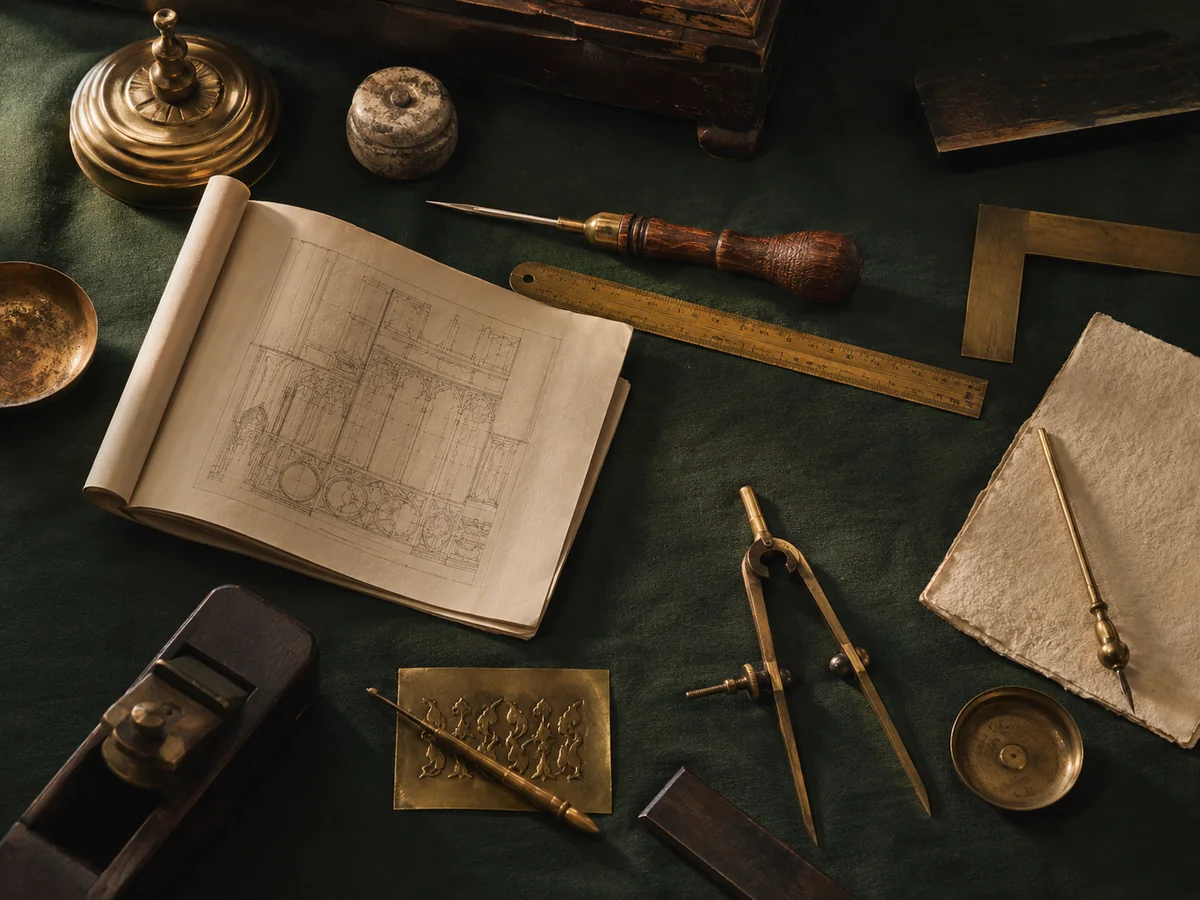 A craftsman's bench from above: brass ruler, compasses, reed pen, a folded architectural drawing and hand tools laid out on deep green cloth.